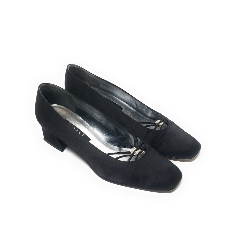 Vintage Stuart Weitzman Black Satin Formal Pumps Square Toe Y2K Witchy Size 8.5